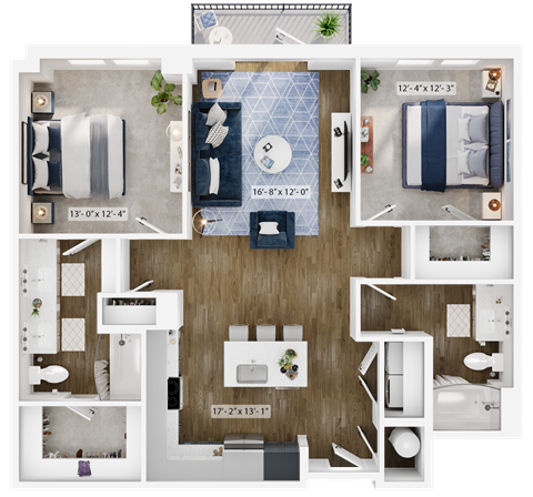 Floor plan for 2 beds, 2 baths, 1160 sqft